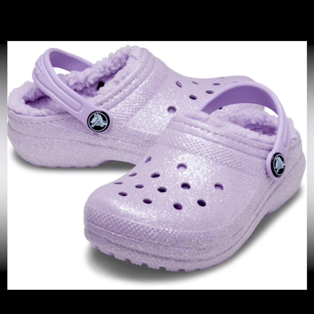 Big Kids Purple Glitter Crocs. BRAND NEW. Size 6. Fur Lined.